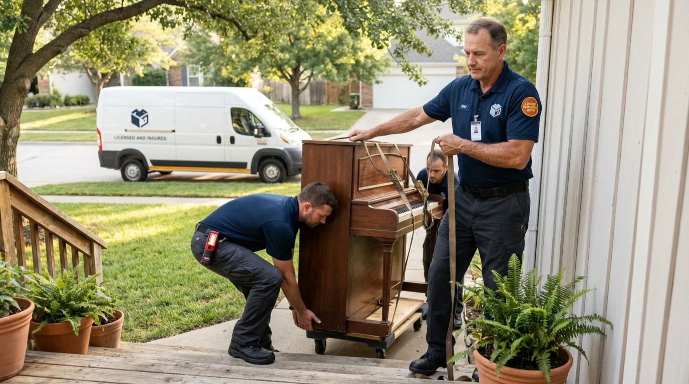 Licensed piano movers securing grand piano in Guymon, OK