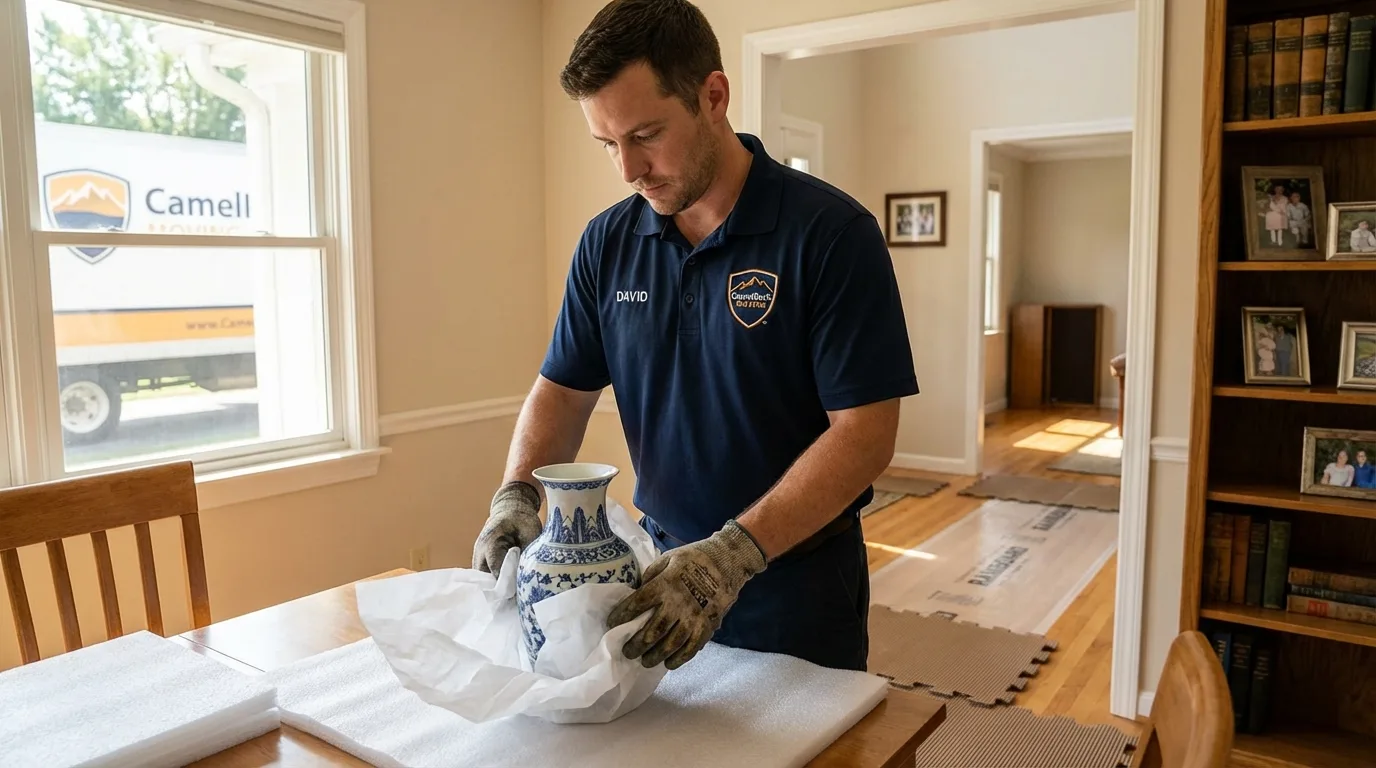 Professional crew carefully wrapping antique vase for senior downsizing move in Guymon, OK